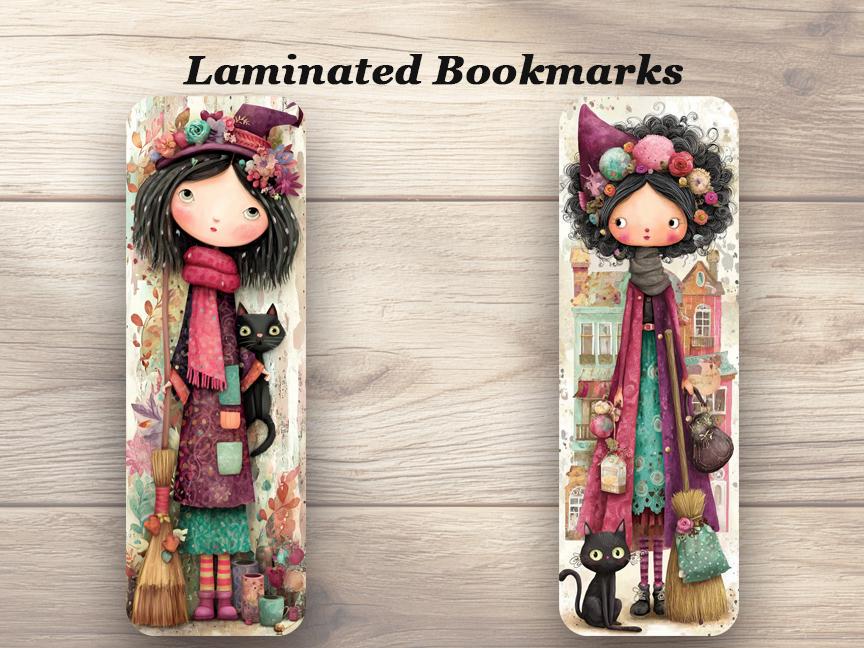 Whimsical Witches Laminated Bookmarks. Set of 4 different cute designs, ideal gift for book lovers, or yourself.