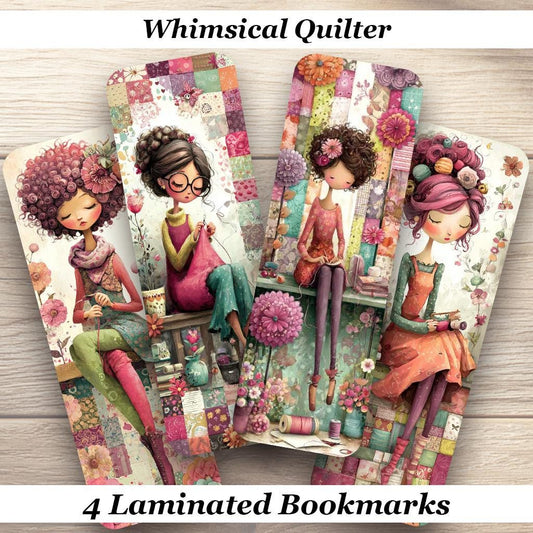Whimsical Quilter Laminated Bookmarks. Set of 4 different designs. Gift for Book Lovers, Quilters, Book Clubs, Sewing Groups.
