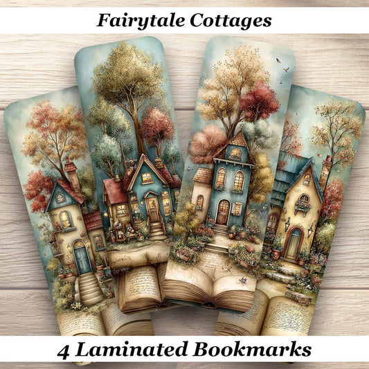 Fairytale Cottage Bookmarks. Set of 4 Laminated Whimsical Cottagecore Bookmarks. | Cozy Reading Gift.