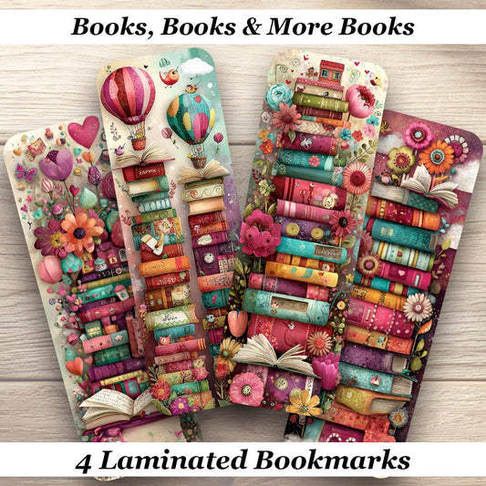 Books, Books & More Books Laminated Bookmarks. Set of 4 different whimsical designs. Gift for book lovers, book clubs, or yourself!