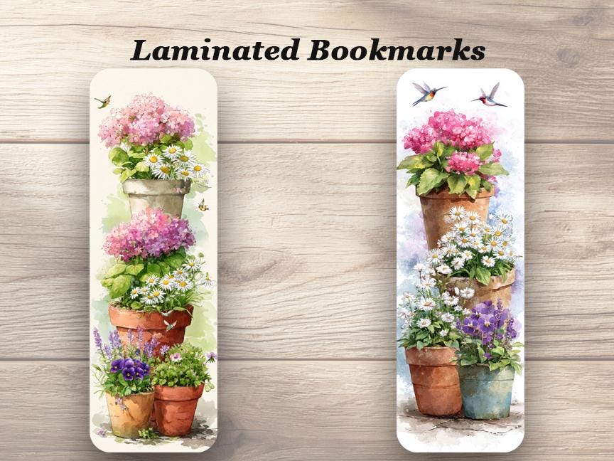 Fragrant Flower Pots Laminated Bookmarks Set of 4 Pretty Floral Garden Bookmarks Cute Plant Lover Gift, Book Lover Gift or just for yourself