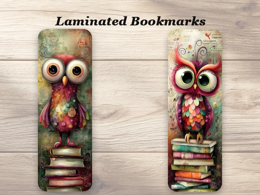 Whimsical Wise Owl Laminated Bookmarks. Set of 4 different designs. Colorful Owl Art Bookmarks. Ideal small gift or for yourself!