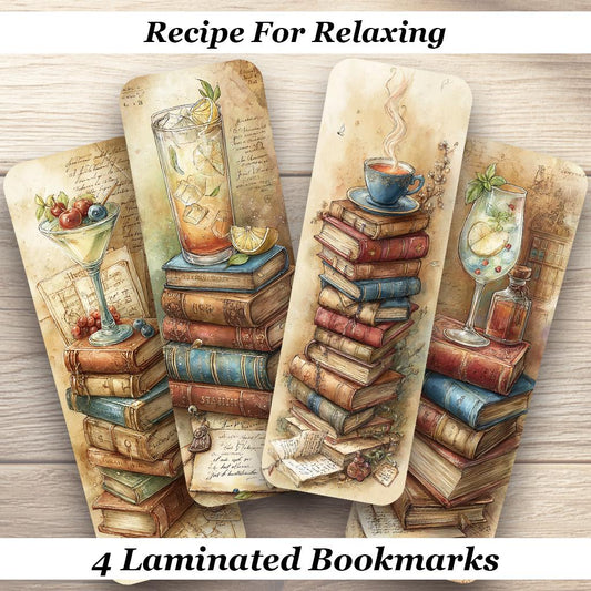 Recipe for Relaxing Laminated Bookmarks Set of 4 different Vintage Cottagecore Designs. Ideal Book Lovers Gift, Cozy Reading Accessory
