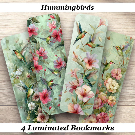 Hummingbird Laminated Bookmarks Set of 4 – Floral Bird Bookmarks 2x6 Inches – Nature Lover Gift – Reader Gift – Garden Inspired Bookmark Set