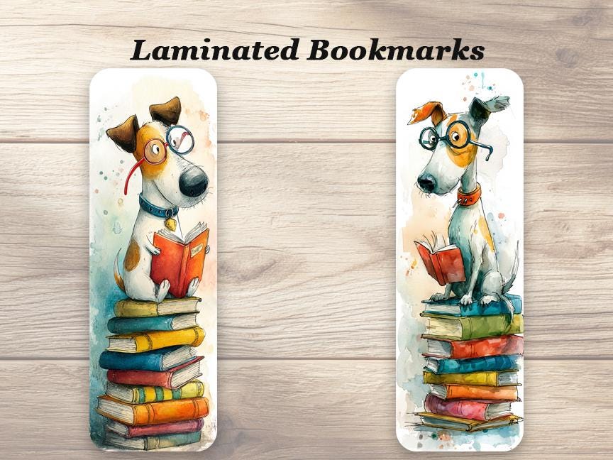 Alfie and Friends Laminated Bookmark Set of 4 different whimsical designs. Ideal gift, dog owners, book lovers or for you!
