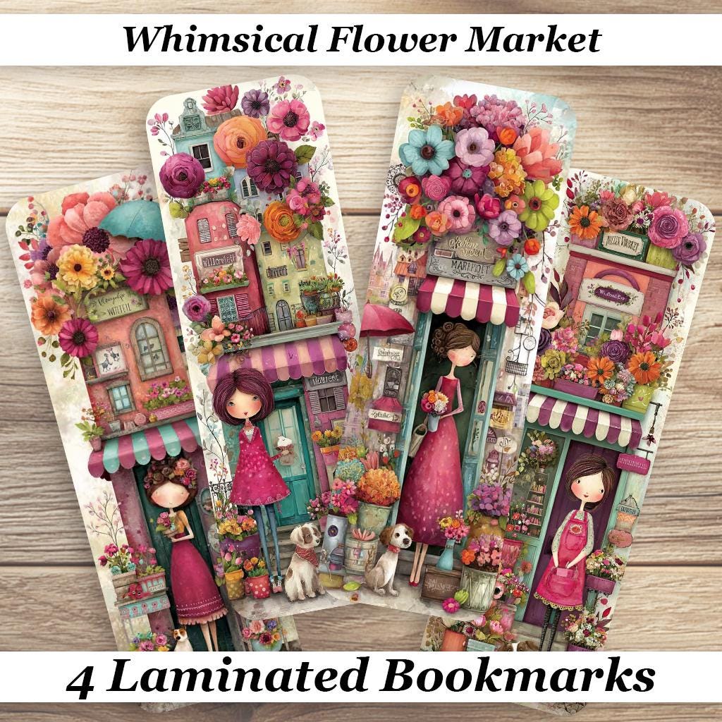 Whimsical Hearts and Flowers Laminated Bookmarks. Set of 4 Vaalentine's Day themed book marks. Ideal gift for Book Lovers, Sweethearts
