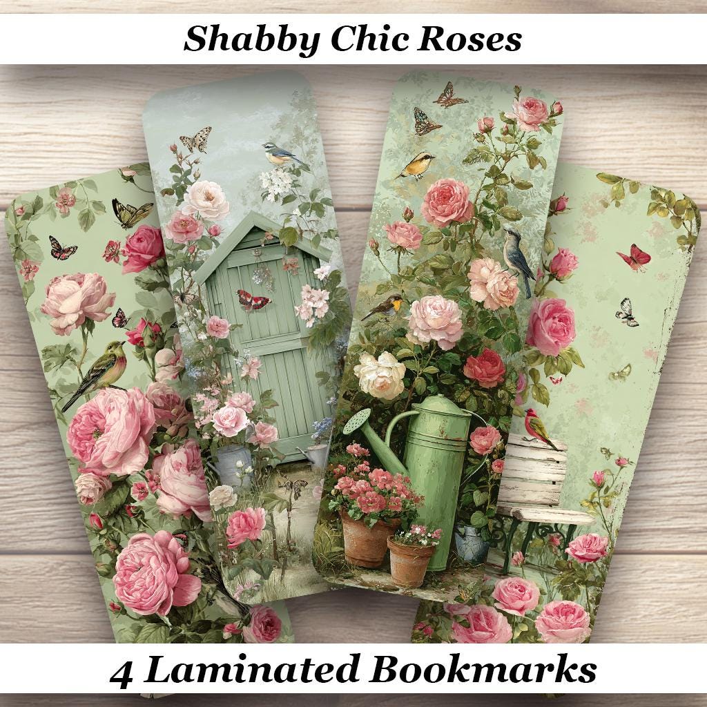 Shabby Chic Roses Laminated Bookmarks. Set of 4 different vintage vibe book marks. Ideal gifts for gardeners, book lovers, book clubs etc.