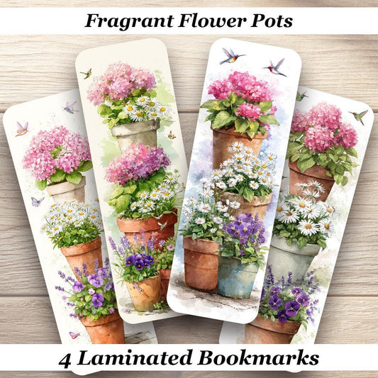 Fragrant Flower Pots Laminated Bookmarks Set of 4 Pretty Floral Garden Bookmarks Cute Plant Lover Gift, Book Lover Gift or just for yourself