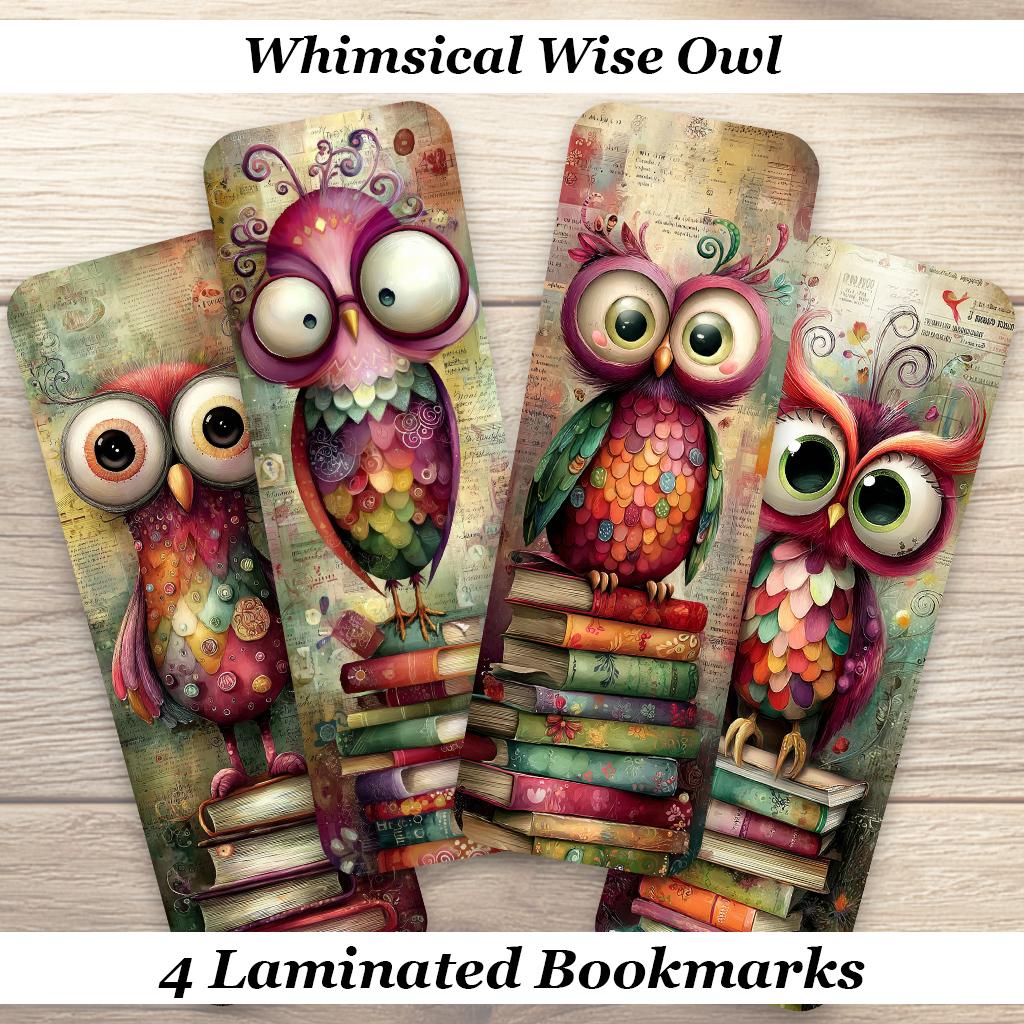 Whimsical Wise Owl Laminated Bookmarks. Set of 4 different designs. Colorful Owl Art Bookmarks. Ideal small gift or for yourself!