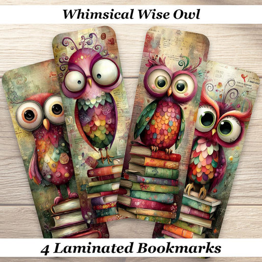 Whimsical Wise Owl Laminated Bookmarks. Set of 4 different designs. Colorful Owl Art Bookmarks. Ideal small gift or for yourself!
