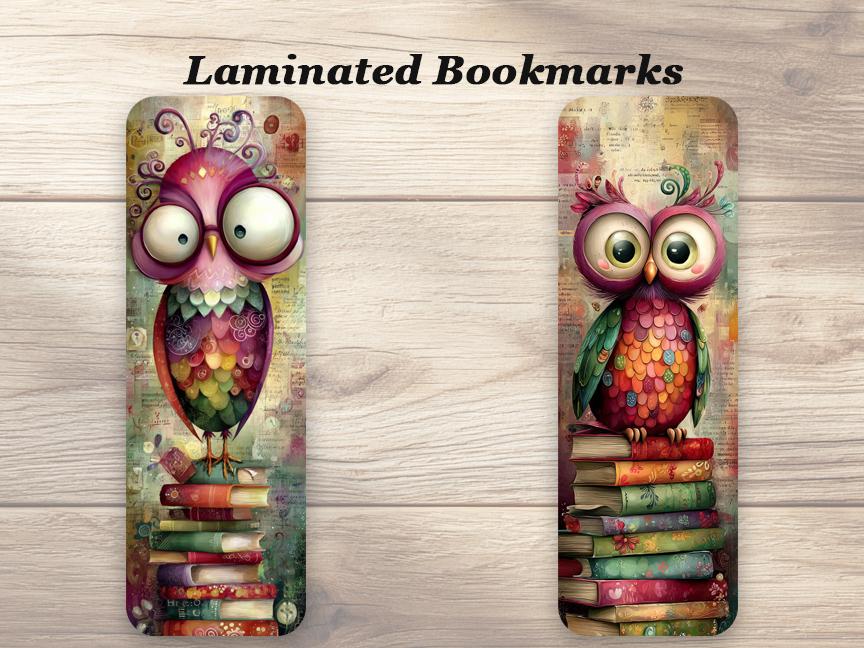 Whimsical Wise Owl Laminated Bookmarks. Set of 4 different designs. Colorful Owl Art Bookmarks. Ideal small gift or for yourself!