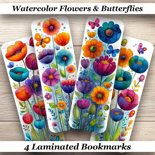 Watercolor Flowers and Butterflies Bookmarks Set of 4 Laminated Bookmarks