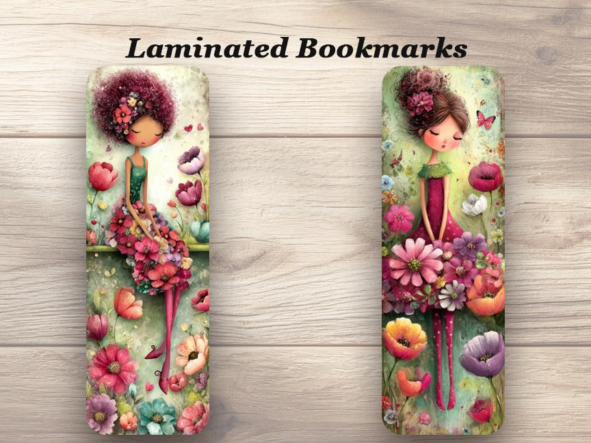 Whimsical Flower Dresses Bookmarks Set of 4 Laminated Floral Bookmarks.