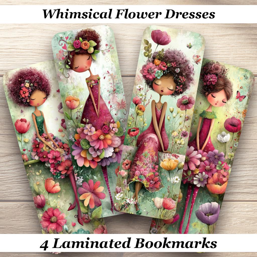 Whimsical Flower Dresses Bookmarks Set of 4 Laminated Floral Bookmarks.