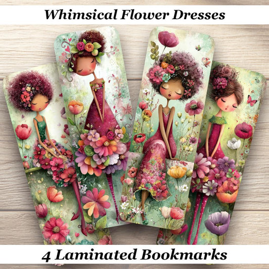 Whimsical Flower Dresses Bookmarks Set of 4 Laminated Floral Bookmarks.
