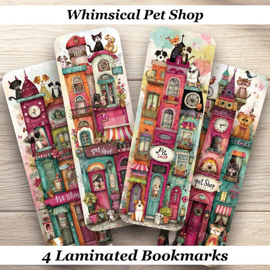 Whimsical Pet Shop Laminated Bookmark Set of 4 different designs. Ideal Gift for Book Lovers, Pet Owners, Whimsical Stationery.