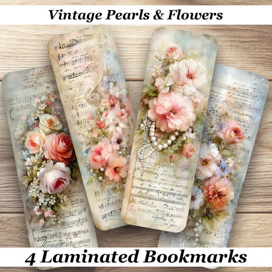 Vintage Pearls & Flowers Laminated Bookmark Set of 4 different designs. Shabby Chic Romantic Cottagecore Gift for Book Lovers