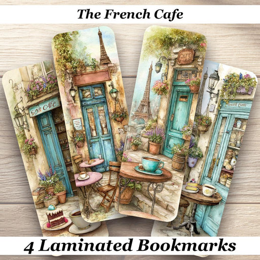 The French Café Laminated Bookmark Set of 4 different designs. Cottagecore Parisian Gift for Book Lovers, Paris and France enthusiasts