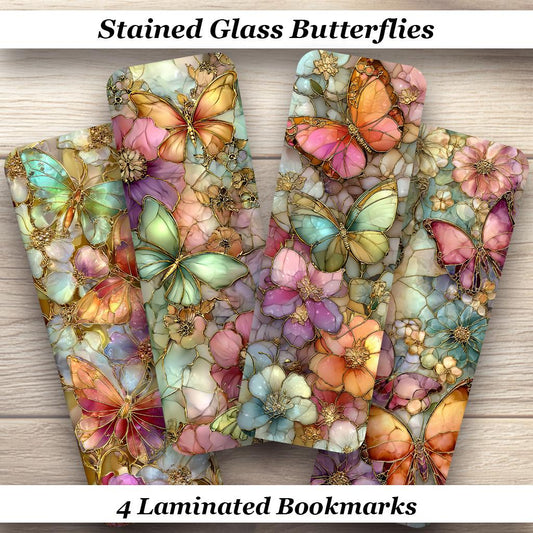 Stained Glass Butterfly Bookmarks Set of 4 different Laminated Designs.