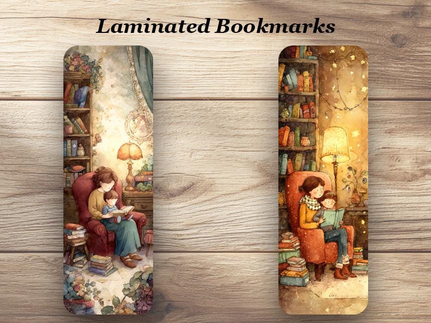Reading with Mother Laminated Bookmark Set. Set of 4 Laminated Bookmarks. Ideal Gift for Mother’s Day, Book Lovers or yourself!