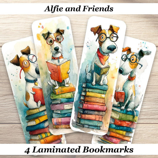 Alfie and Friends Laminated Bookmark Set of 4 different whimsical designs. Ideal gift, dog owners, book lovers or for you!