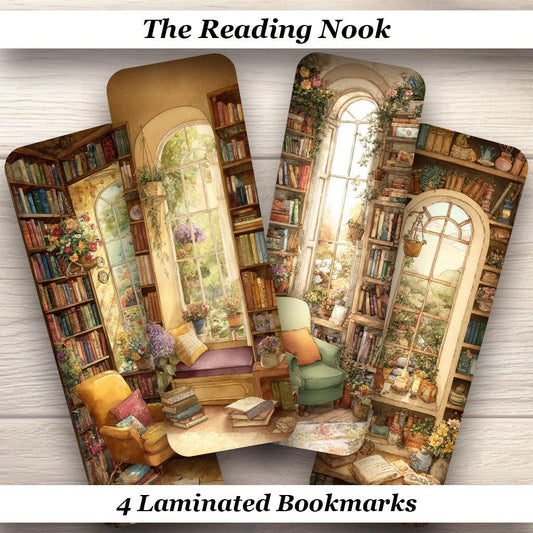 The Reading Nook Bookmarks, Set of 4 Cozy Cottagecore Laminated Bookmarks.