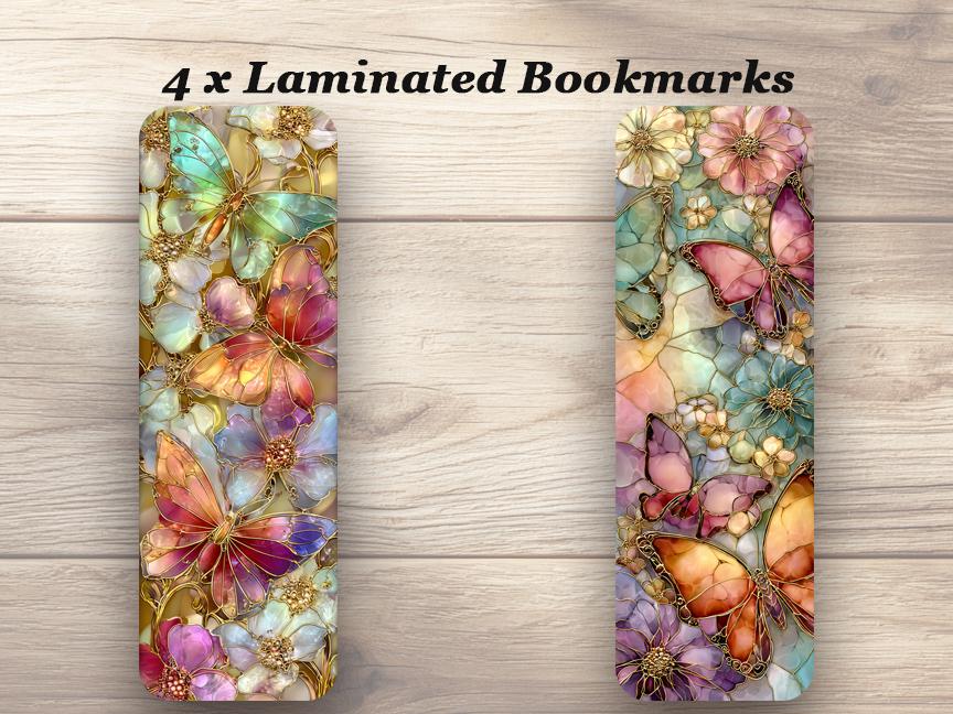 Stained Glass Butterfly Bookmarks Set of 4 different Laminated Designs.