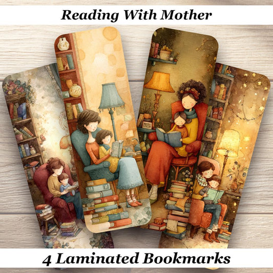 Reading with Mother Laminated Bookmark Set. Set of 4 Laminated Bookmarks. Ideal Gift for Mother’s Day, Book Lovers or yourself!