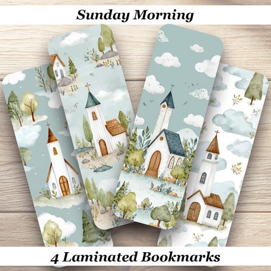 Sunday Morning Laminated Bookmarks. Set of 4 Peaceful White Church Bookmarks.