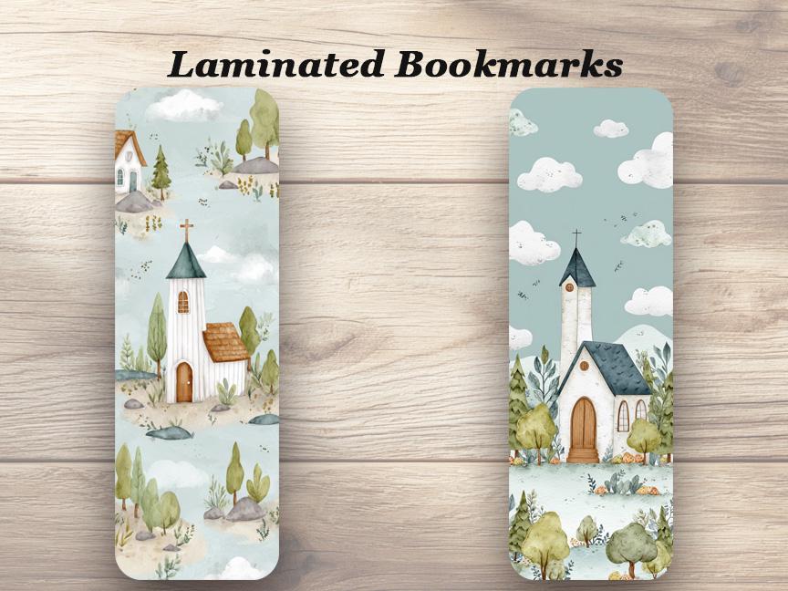 Sunday Morning Laminated Bookmarks. Set of 4 Peaceful White Church Bookmarks.