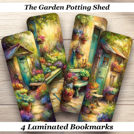 The Garden Potting Shed Laminated Bookmark Set of 4 Cottagecore Bookmarks. Ideal gift for garden lovers.