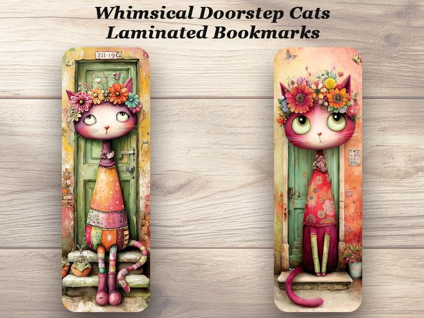 Whimsical Doorstep Cats Laminated Bookmarks. Set of 4 colorful book marks. Carefully packaged and ready to gift or enjoy yourself.