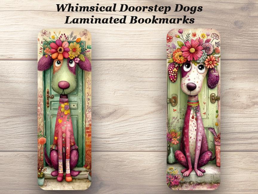 Whimsical Doorstep Dogs Laminated Bookmarks. Set of 4 colorful, cute book marks. Ideal for a cozy reading experience.