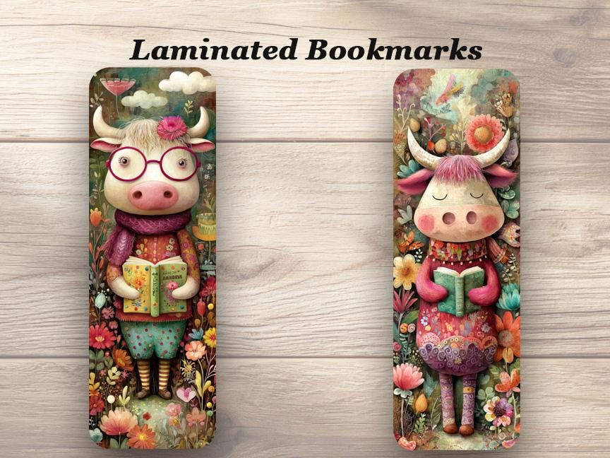Highland Cows Reading Laminated Bookmarks. Set of 4 Cute Cow Whimsical Bookmarks.
