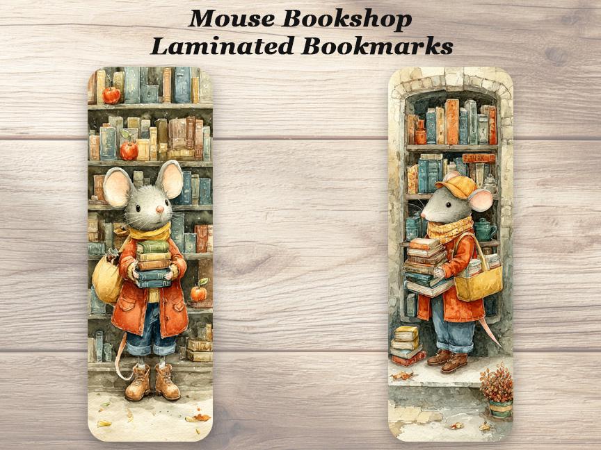 Mouse Bookshop Laminated Bookmark Set. 4 Different Whimsical Designs. Ideal for all book lovers.