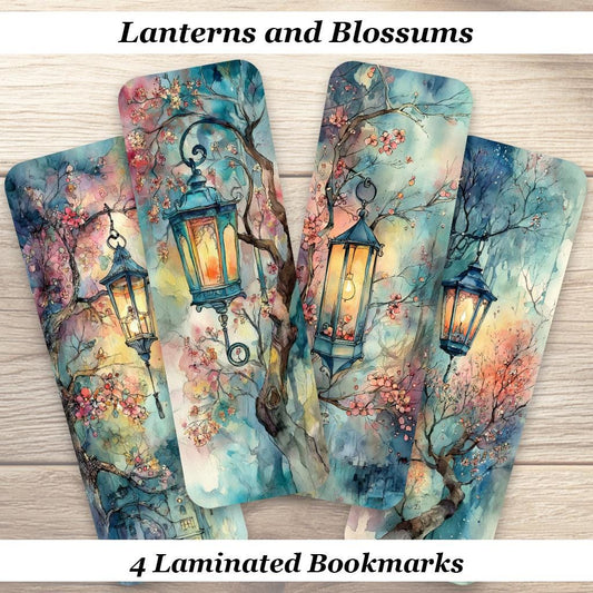 Lanterns and Blossoms Bookmarks. Set of 4 Laminated Watercolor cottagecore style bookmarks. Gift for all Book Lovers.