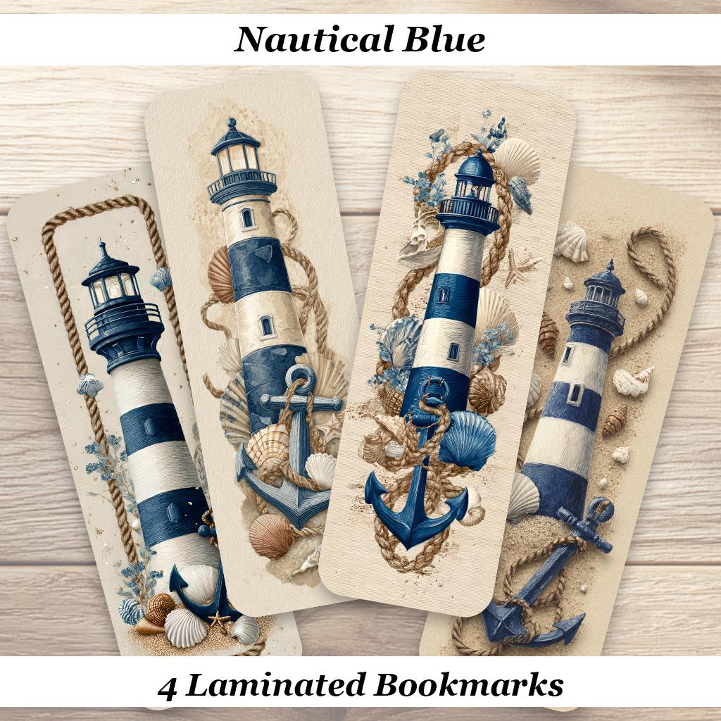 Nautical Blue Bookmarks. Set of 4 laminated Coastal Lighthouse Bookmarks. Ocean Inspired Bookmarks For All Book Lovers.