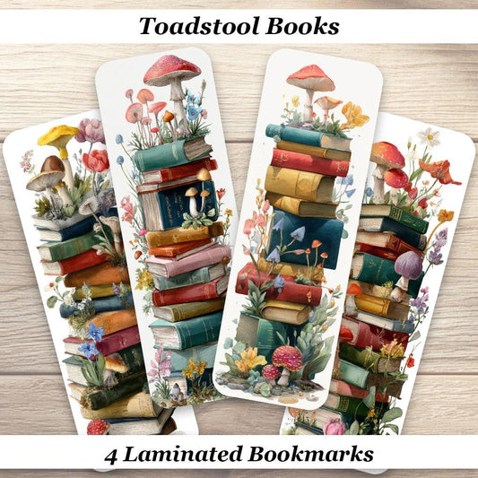 Toadstool Books Laminated Bookmark. Set of 4 different cottagecore designs. Ideal for all book and nature lovers.
