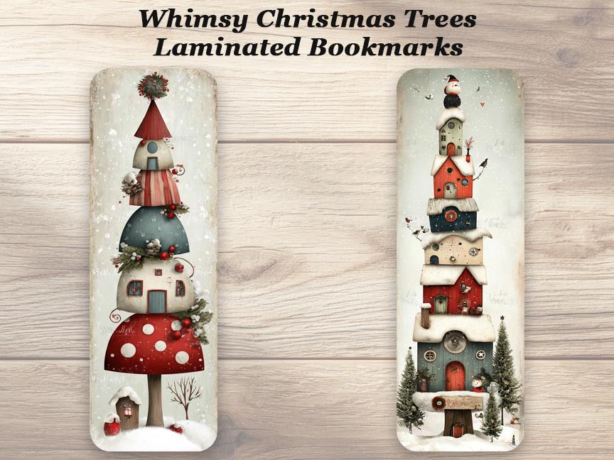 Whimsy Christmas Trees Bookmarks. Set of 4 Laminated Cute Holiday Bookmarks. Ideal gift for all Christmas Book Lovers.