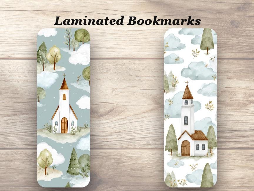 Sunday Morning Laminated Bookmarks. Set of 4 Peaceful White Church Bookmarks.
