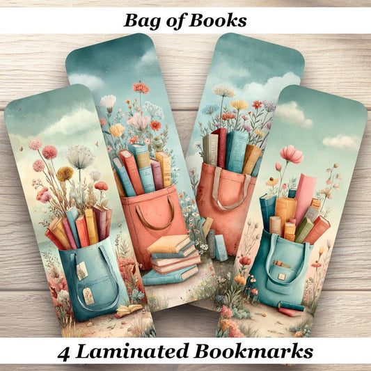 Bag of Books Laminated Bookmarks. Set of 4 Cottagecore Bookmarks, perfect small gift.