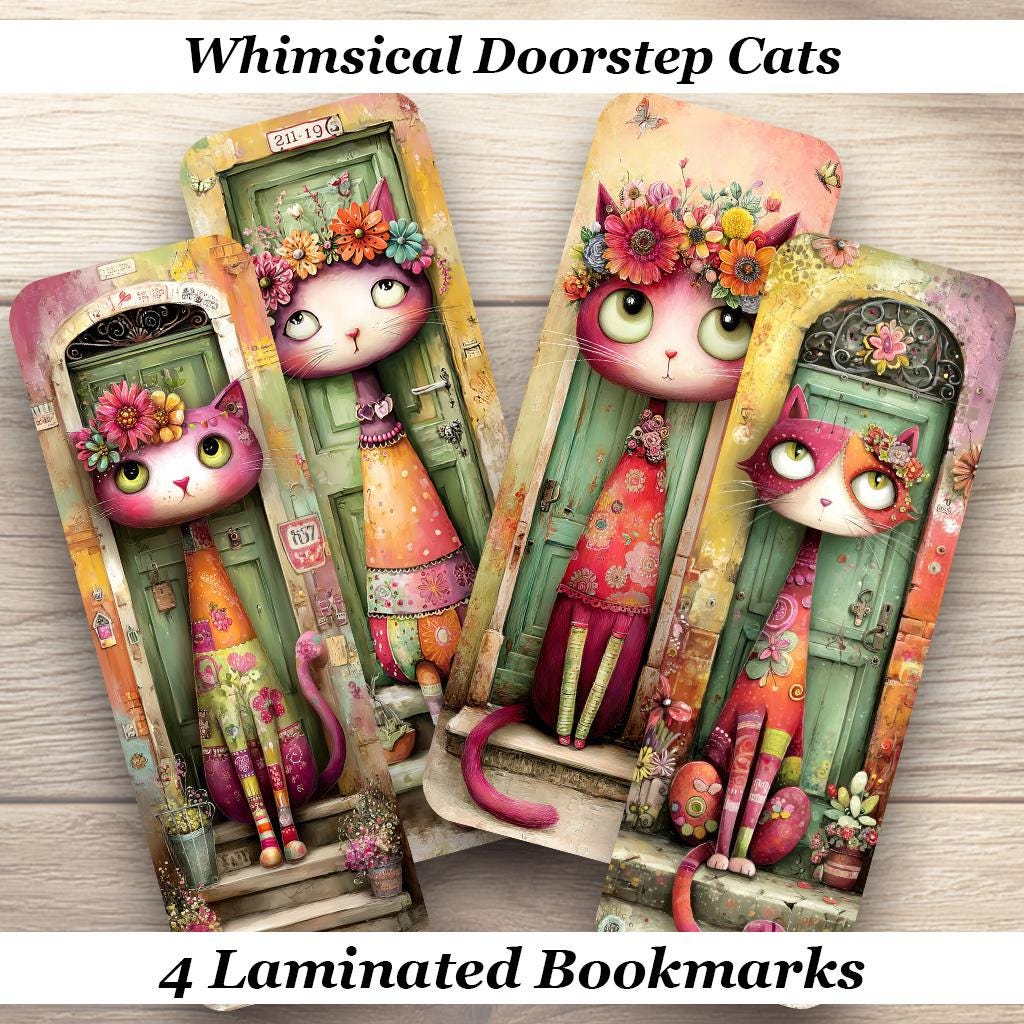 Whimsical Doorstep Cats Laminated Bookmarks. Set of 4 colorful book marks. Carefully packaged and ready to gift or enjoy yourself.