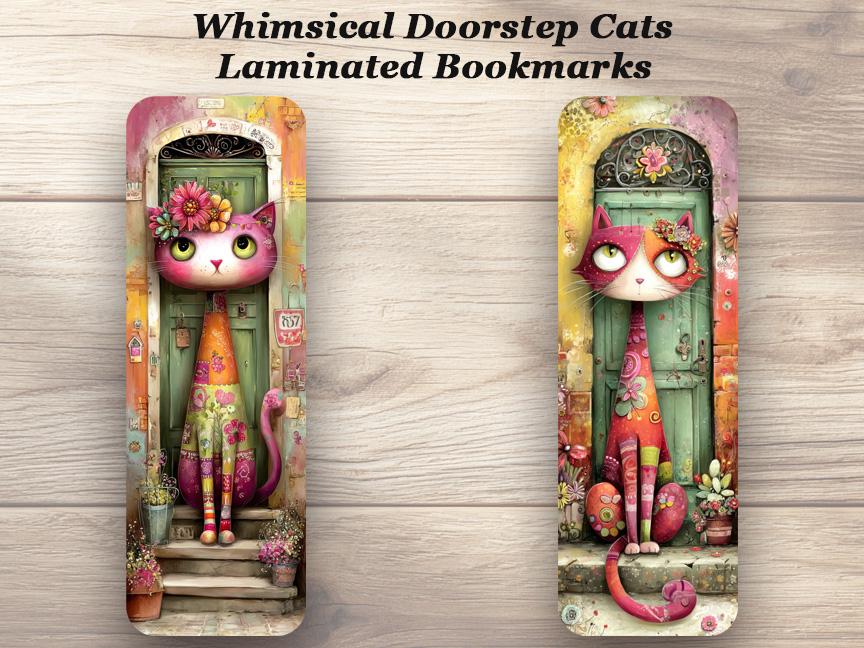 Whimsical Doorstep Cats Laminated Bookmarks. Set of 4 colorful book marks. Carefully packaged and ready to gift or enjoy yourself.