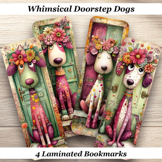 Whimsical Doorstep Dogs Laminated Bookmarks. Set of 4 colorful, cute book marks. Ideal for a cozy reading experience.