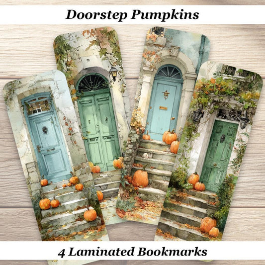 Doorstep Pumpkins Bookmarks. Set Of 4 Laminated Cottagecore Fall Bookmarks. Cozy Reader Gift or enjoy them yourself.
