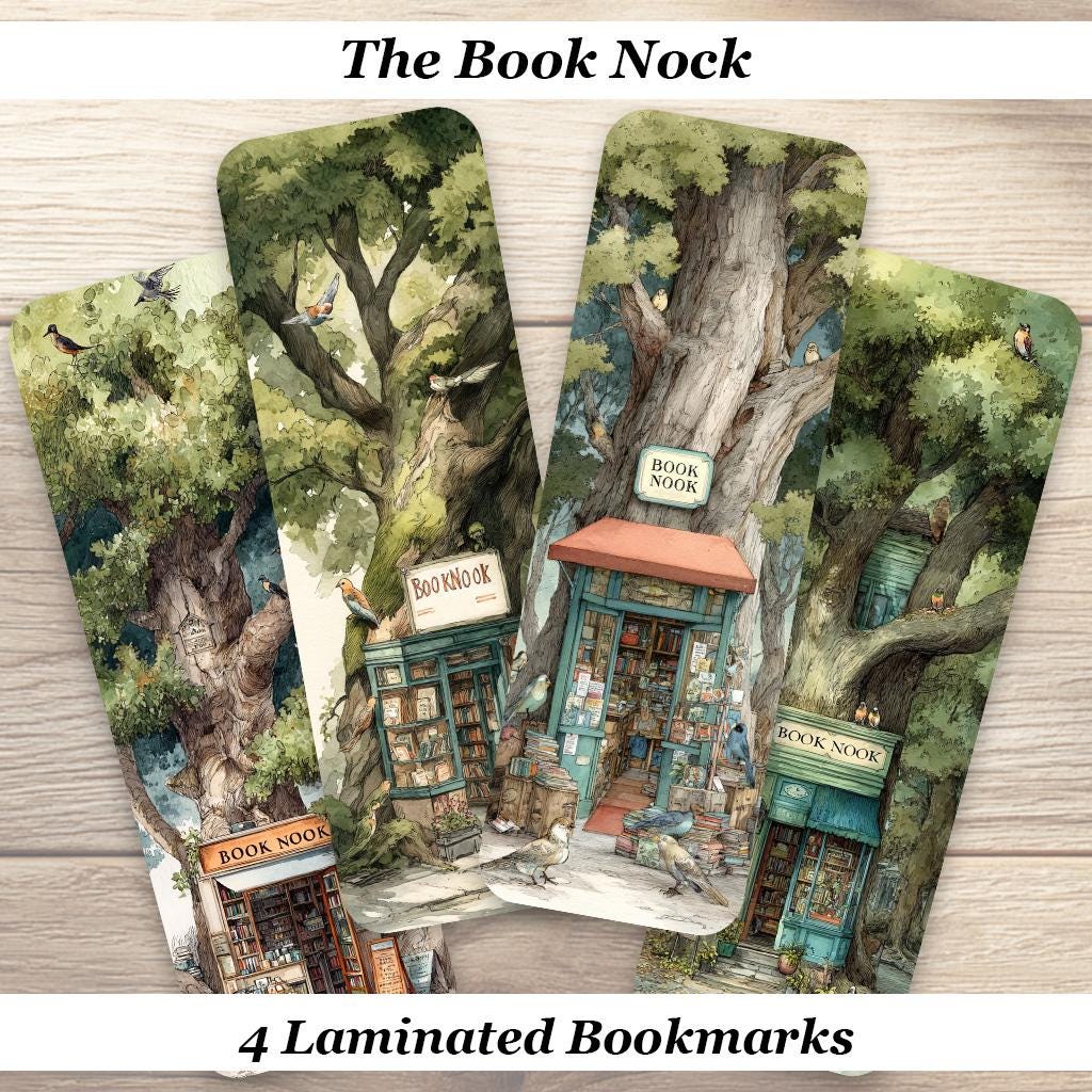 The Book Nook Laminated Bookmarks Set of 4 Cozy Bookstore Laminated Bookmarks.