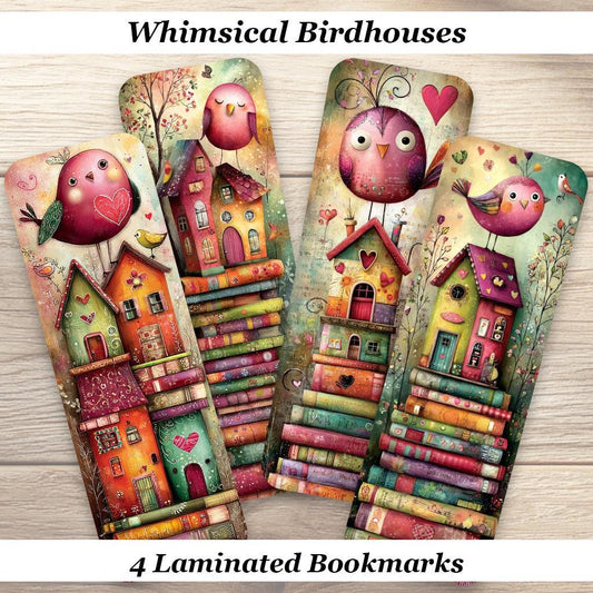 Whimsical Birdhouse Bookmarks. Set of 4 colorful laminated book marks.A great book lovers accessory.