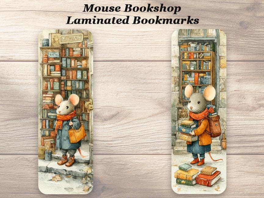 Mouse Bookshop Laminated Bookmark Set. 4 Different Whimsical Designs. Ideal for all book lovers.