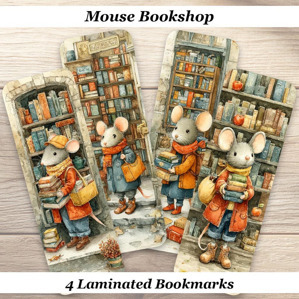 Mouse Bookshop Laminated Bookmark Set. 4 Different Whimsical Designs. Ideal for all book lovers.