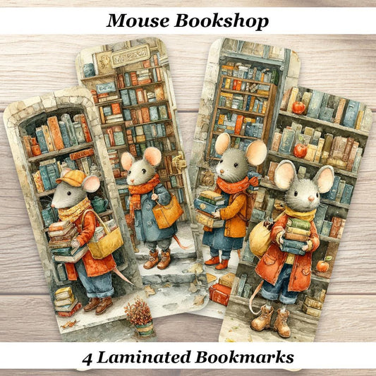 Mouse Bookshop Laminated Bookmark Set. 4 Different Whimsical Designs. Ideal for all book lovers.